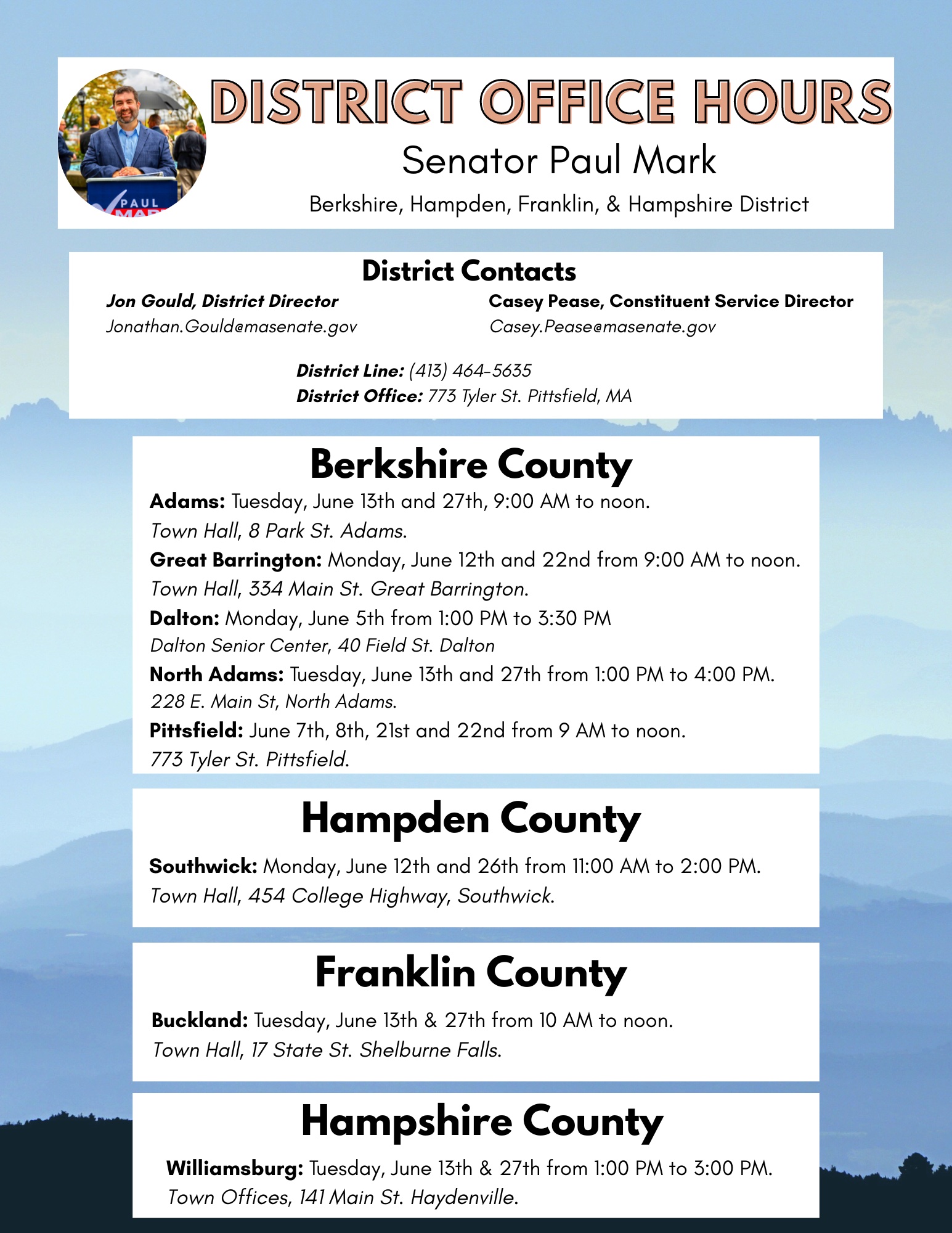 Senator Mark's Upcoming Office Hours – June