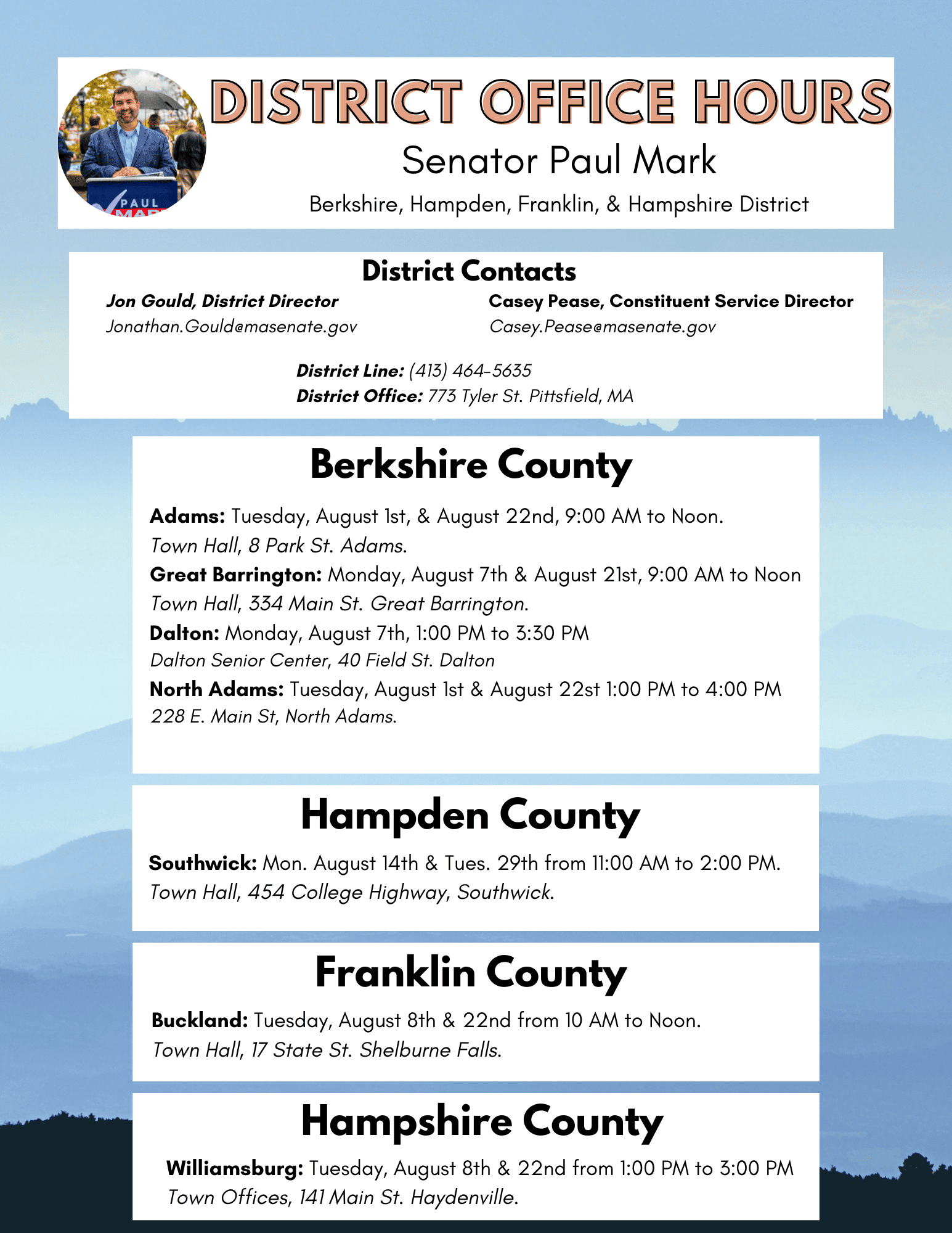 Senator Mark's Upcoming Office Hours – August