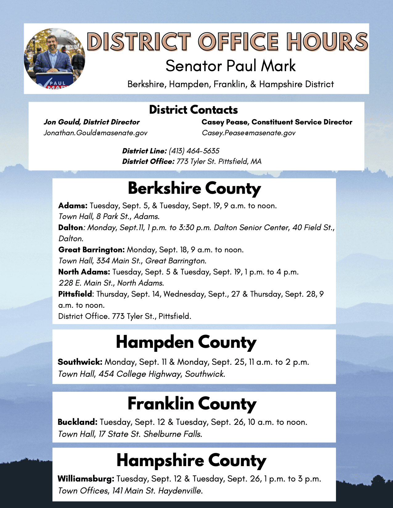 Senator Mark's Upcoming Office Hours – September